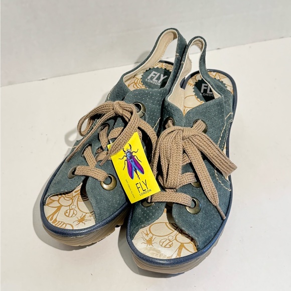 Fly London Lace Up Wedge Blue Perforated Leather Sandals EUR 42 New With Tags - Picture 2 of 13